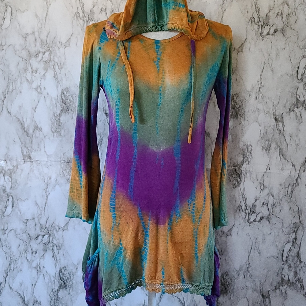 Multicolor Tie-Dye Hooded Tunic Top